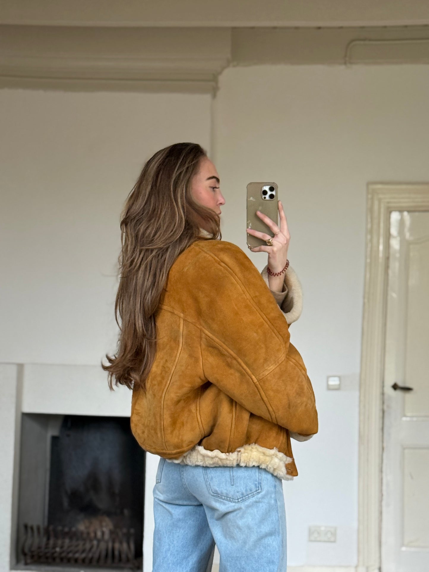 Vintage cropped lammy coat remade reversible bruin maat M-XXL