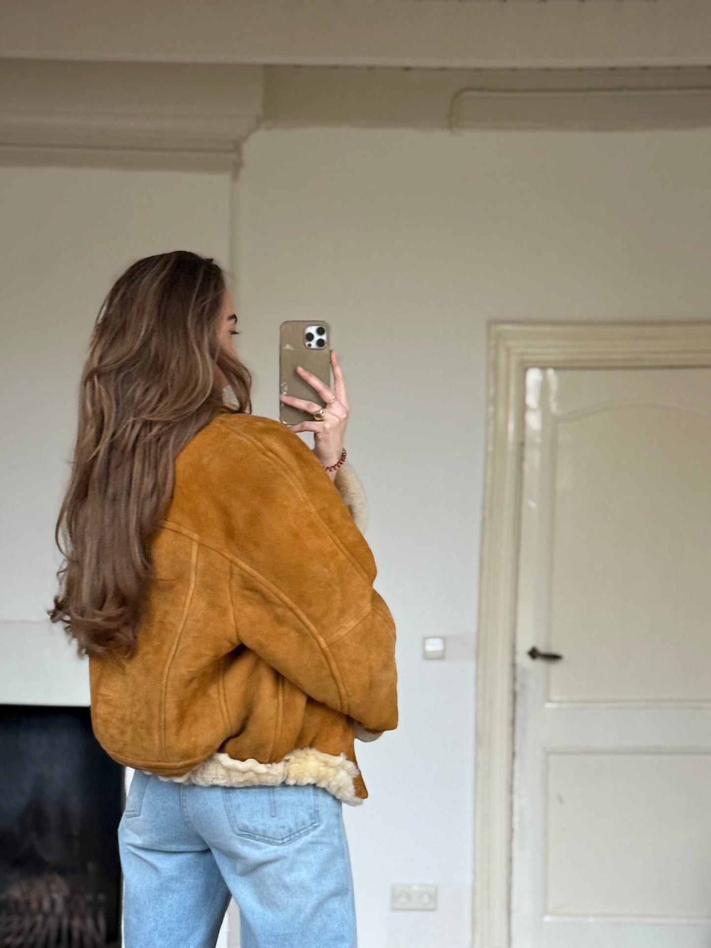 Vintage cropped lammy coat remade reversible bruin maat M-XXL