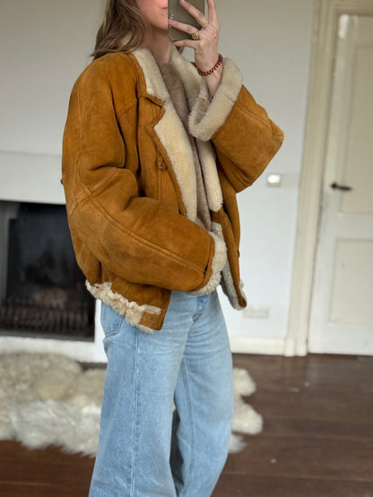 Vintage cropped lammy coat remade reversible bruin maat M-XXL