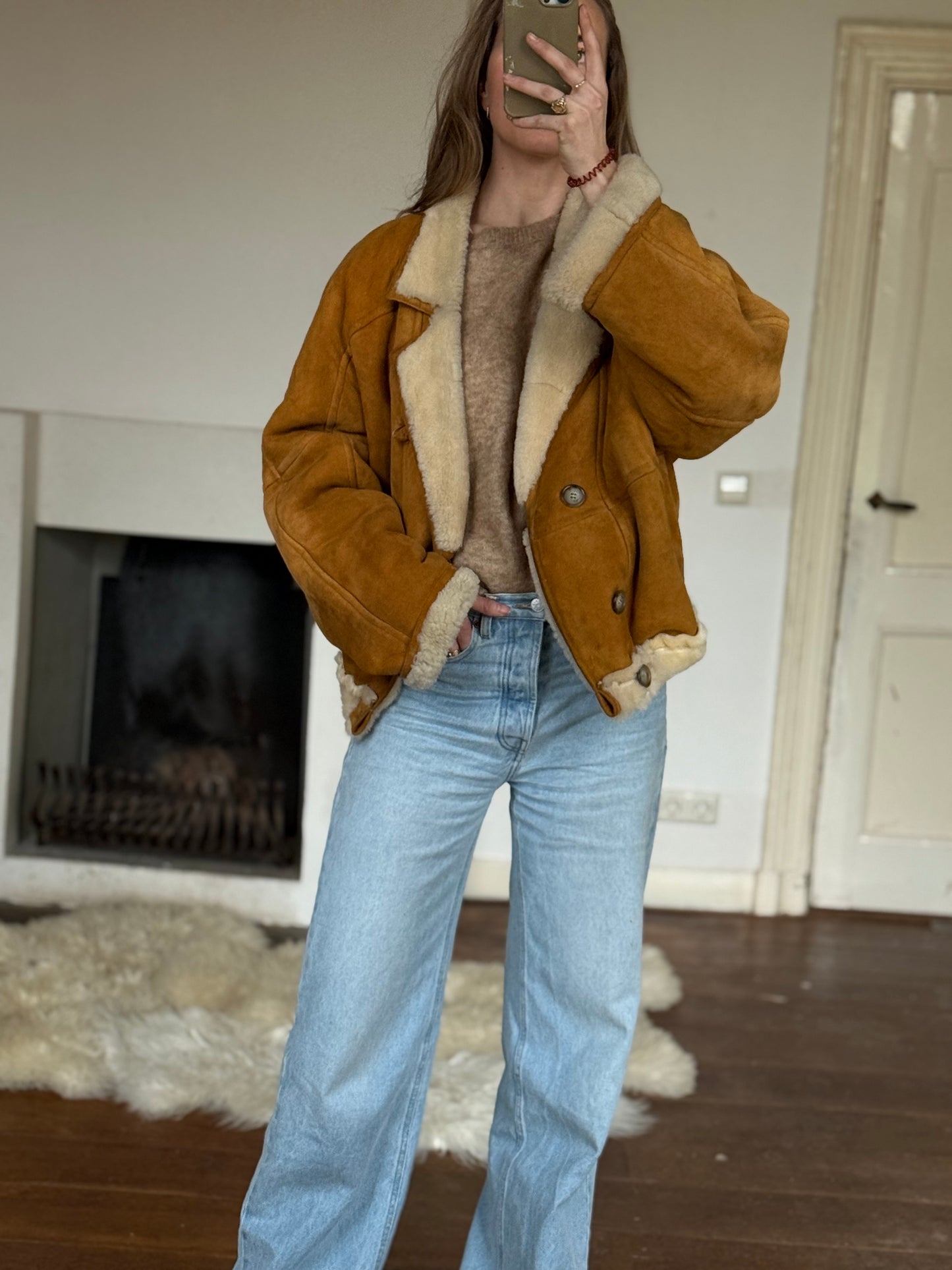 Vintage cropped lammy coat remade reversible bruin maat M-XXL