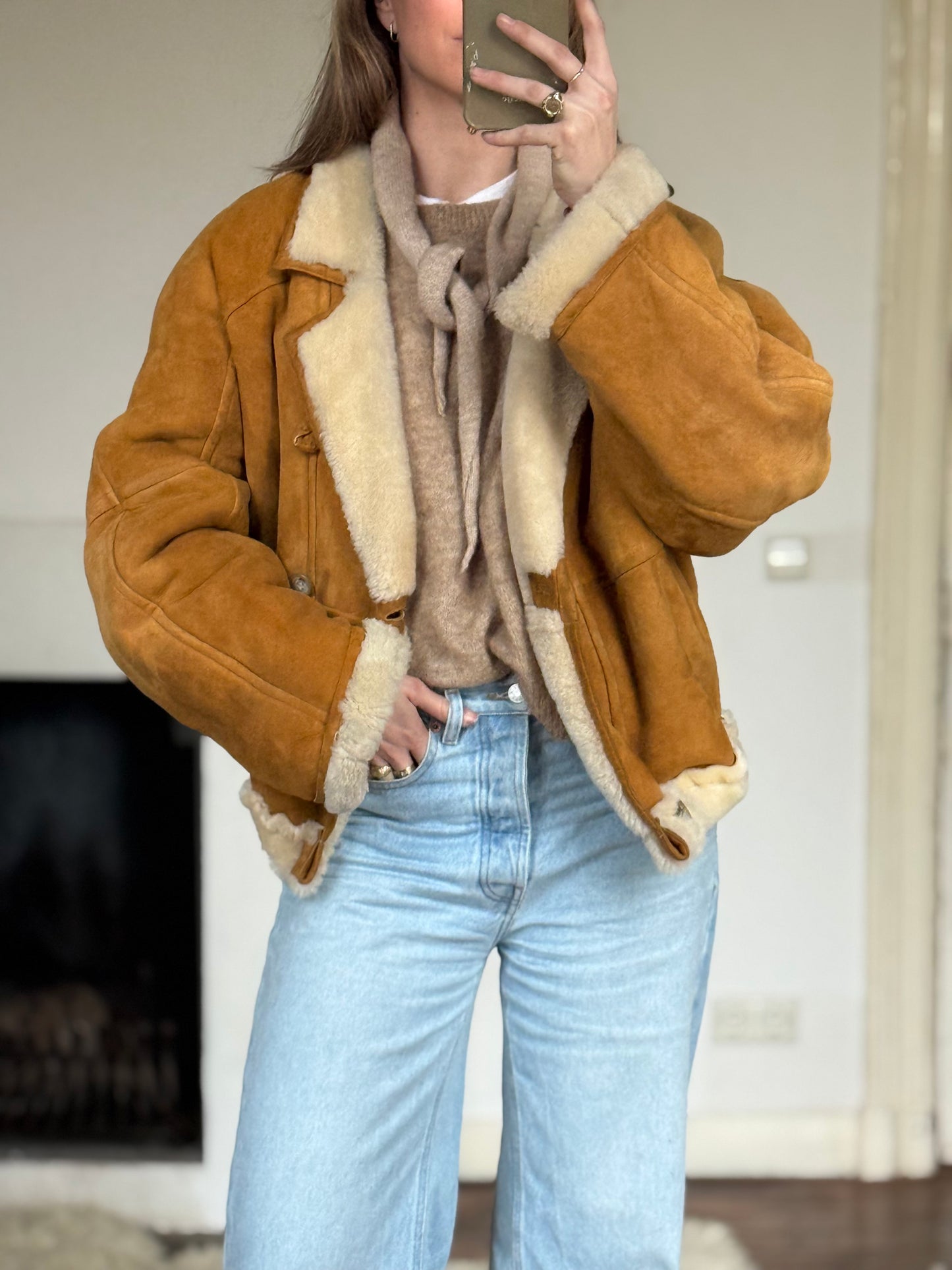 Vintage cropped lammy coat remade reversible bruin maat M-XXL