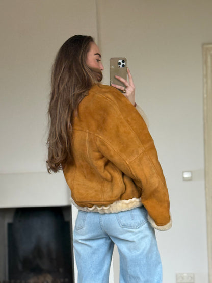 Vintage cropped lammy coat remade reversible bruin maat M-XXL