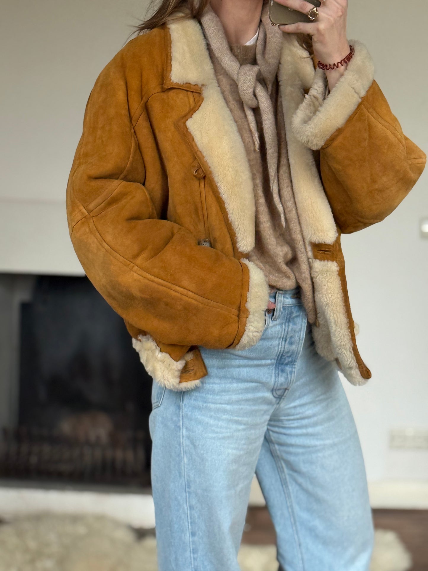 Vintage cropped lammy coat remade reversible bruin maat M-XXL