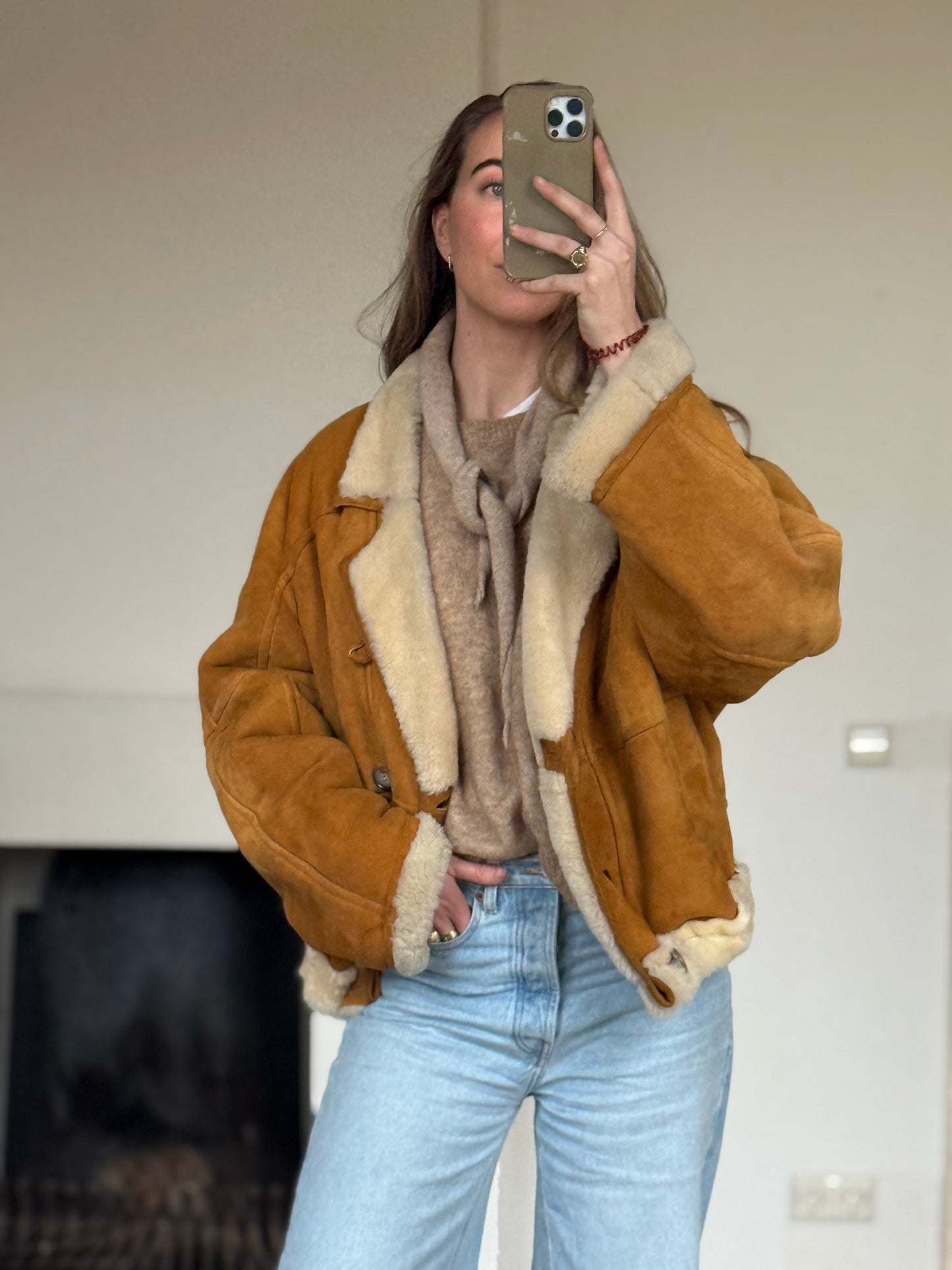 Vintage cropped lammy coat remade reversible bruin maat M-XXL