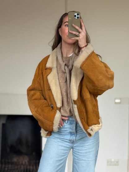 Vintage cropped lammy coat remade reversible bruin maat M-XXL