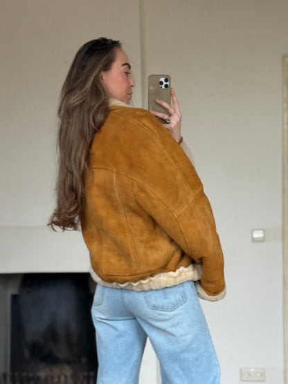 Vintage cropped lammy coat remade reversible bruin maat M-XXL