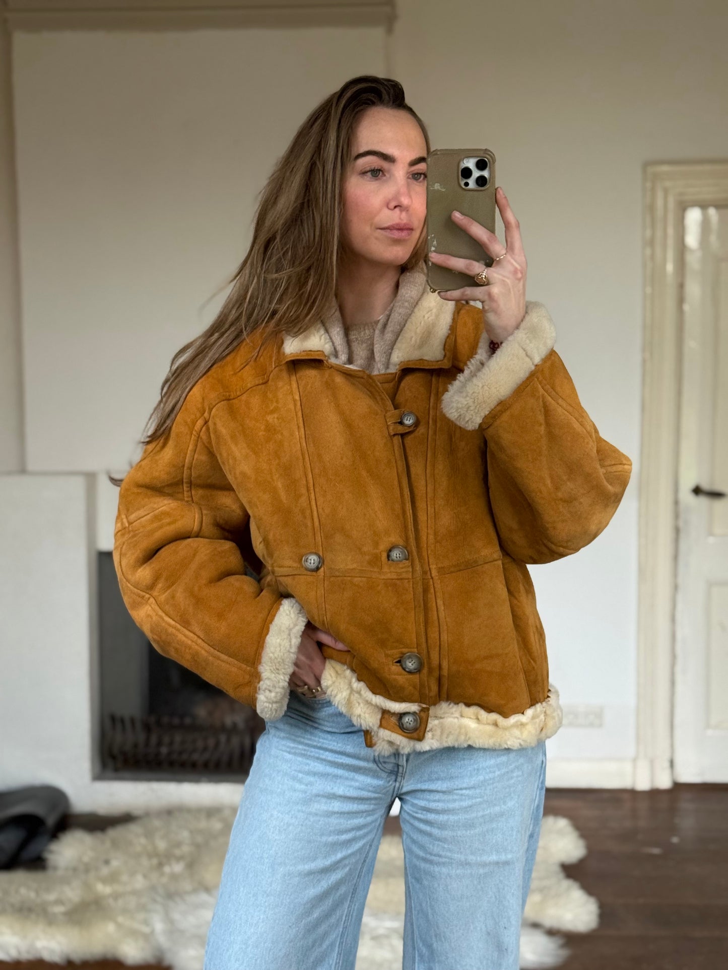 Vintage cropped lammy coat remade reversible bruin maat M-XXL