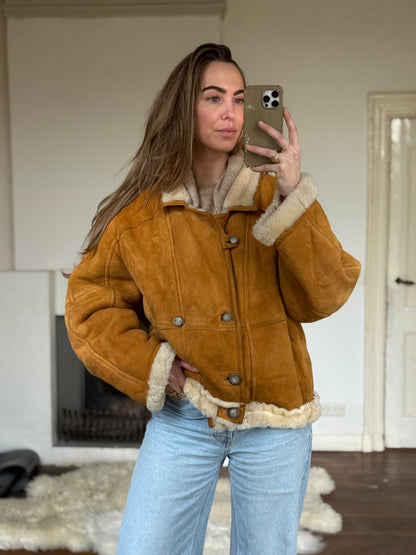 Vintage cropped lammy coat remade reversible bruin maat M-XXL