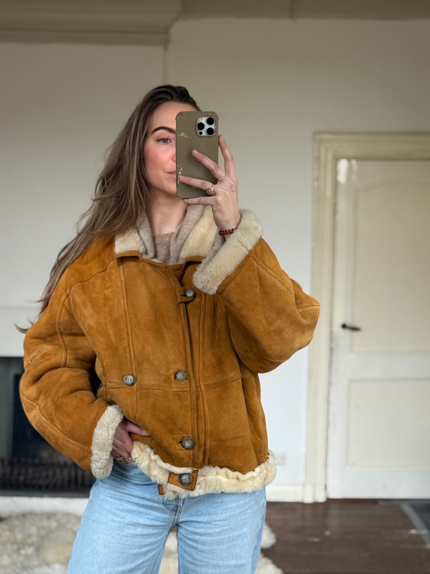 Vintage cropped lammy coat remade reversible bruin maat M-XXL