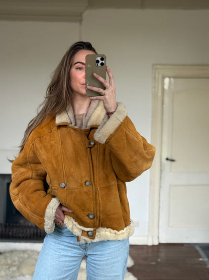 Vintage cropped lammy coat remade reversible bruin maat M-XXL