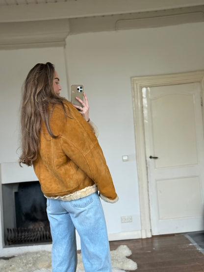 Vintage cropped lammy coat remade reversible bruin maat M-XXL