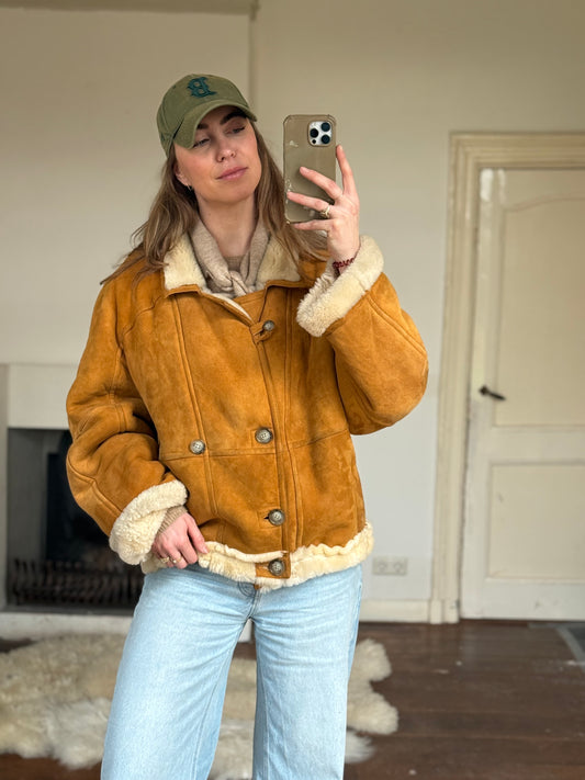 Vintage cropped lammy coat remade reversible bruin maat M-XXL