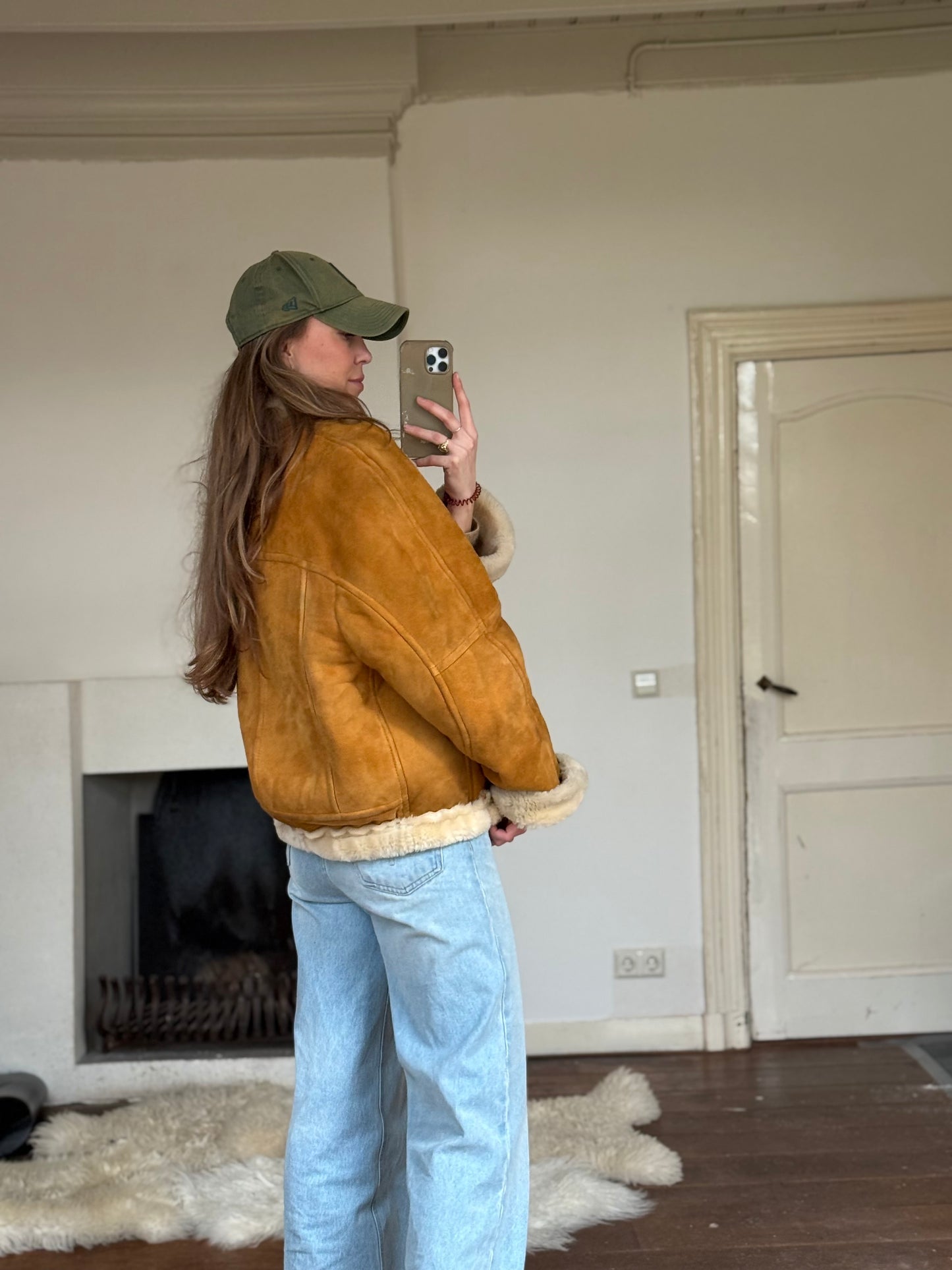 Vintage cropped lammy coat remade reversible bruin maat M-XXL