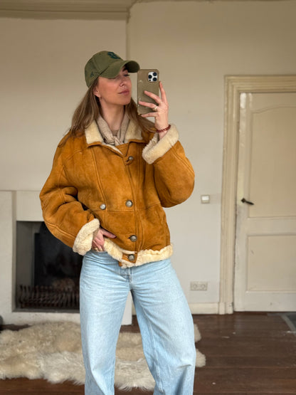 Vintage cropped lammy coat remade reversible bruin maat M-XXL