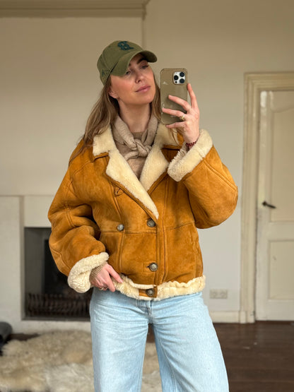 Vintage cropped lammy coat remade reversible bruin maat M-XXL