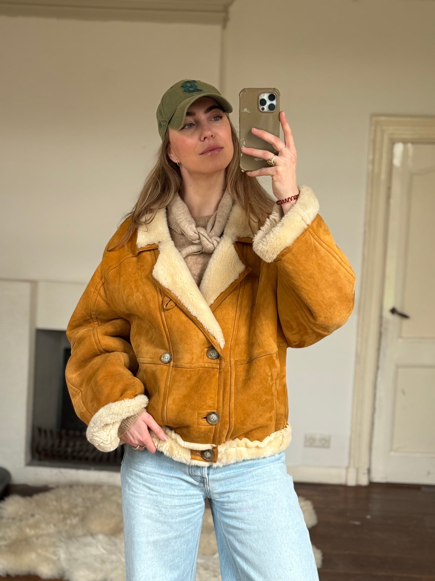 Vintage cropped lammy coat remade reversible bruin maat M-XXL