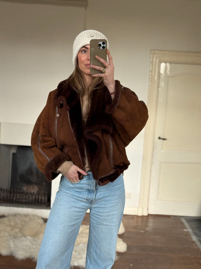 Vintage cropped lammy coat remade reversible bruin maat S-XL