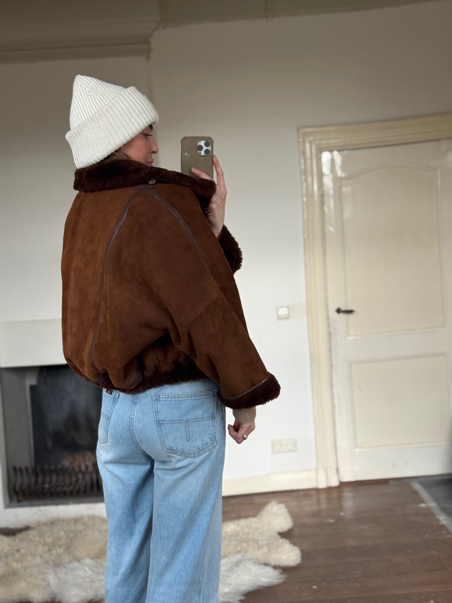 Vintage cropped lammy coat remade reversible bruin maat S-XL