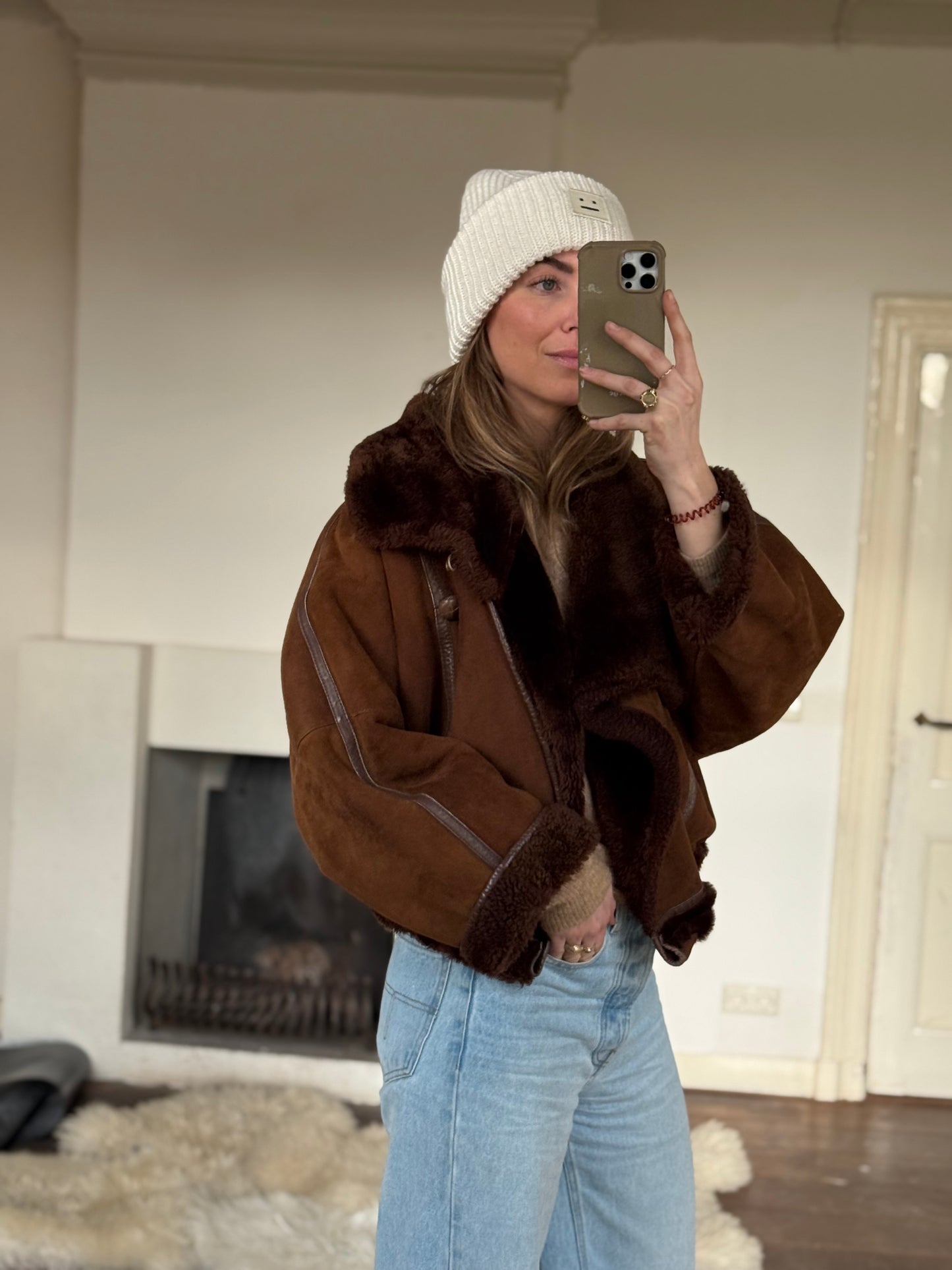 Vintage cropped lammy coat remade reversible bruin maat S-XL