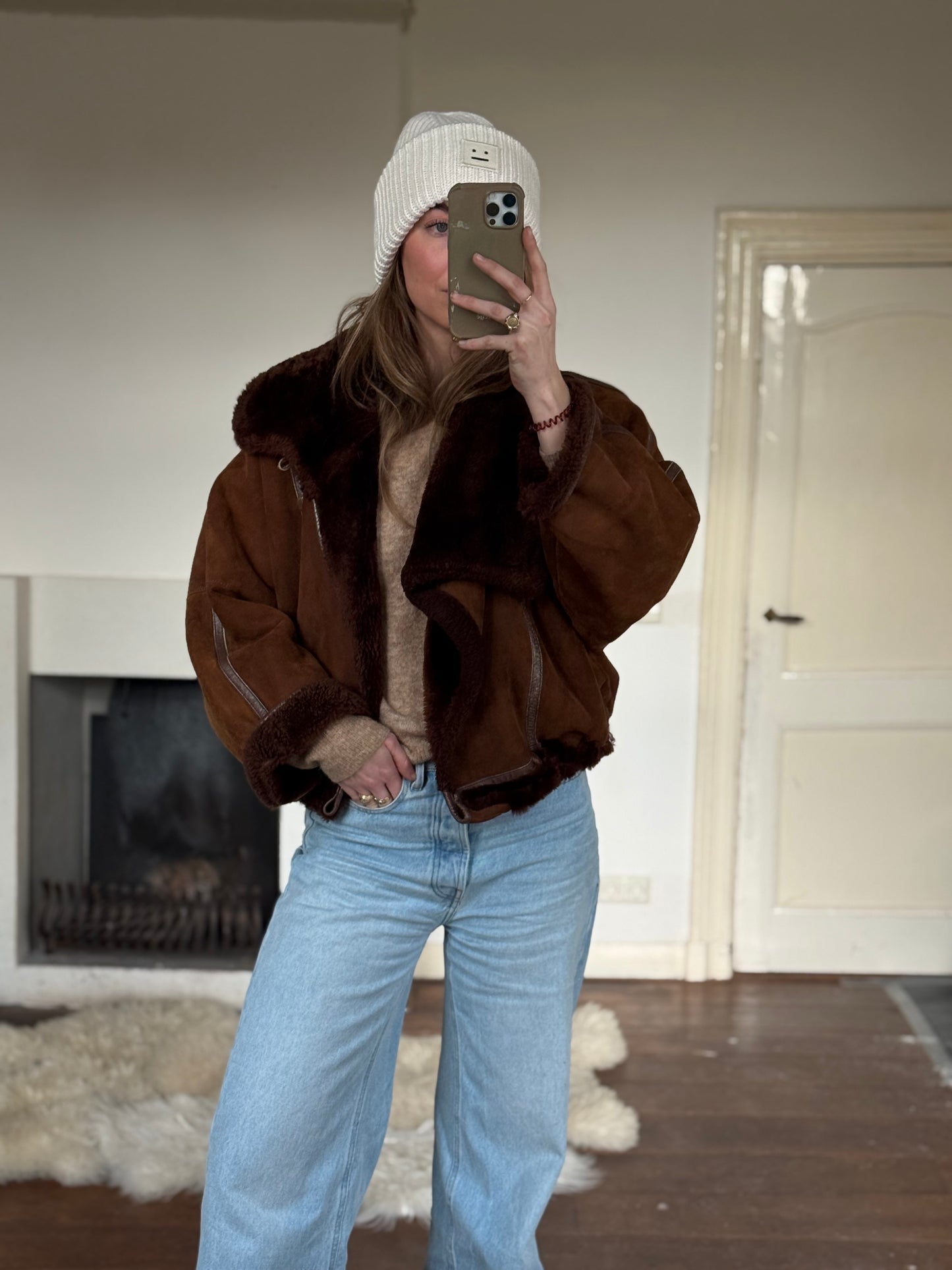 Vintage cropped lammy coat remade reversible bruin maat S-XL