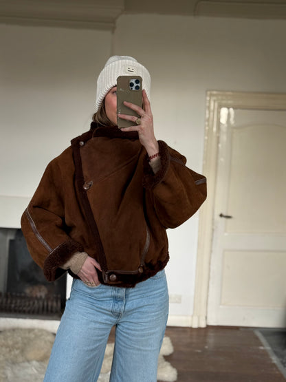 Vintage cropped lammy coat remade reversible bruin maat S-XL
