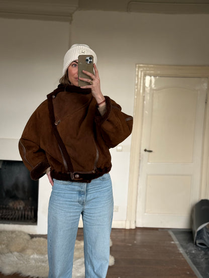 Vintage cropped lammy coat remade reversible bruin maat S-XL