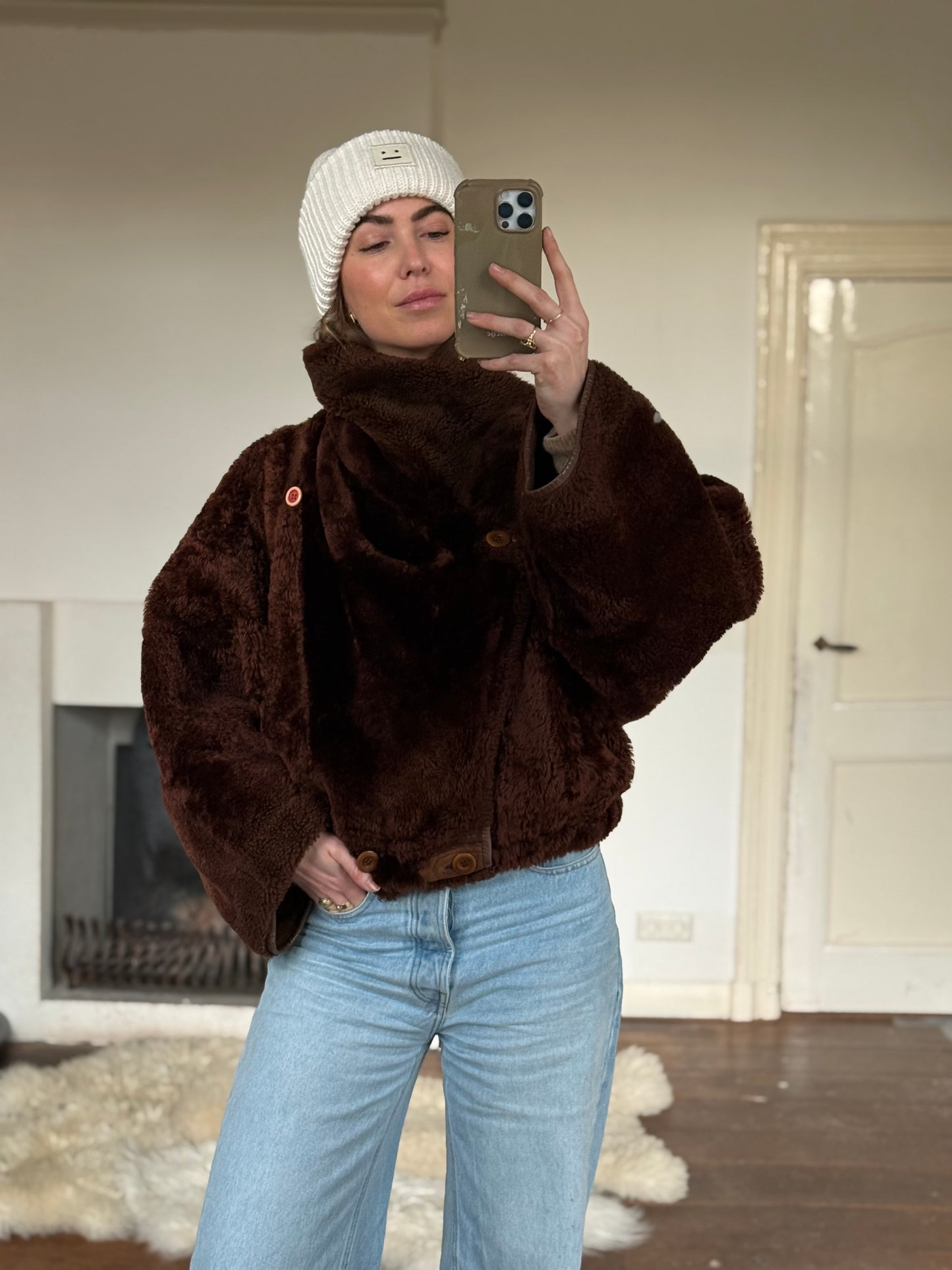 Vintage cropped lammy coat remade reversible bruin maat S-XL