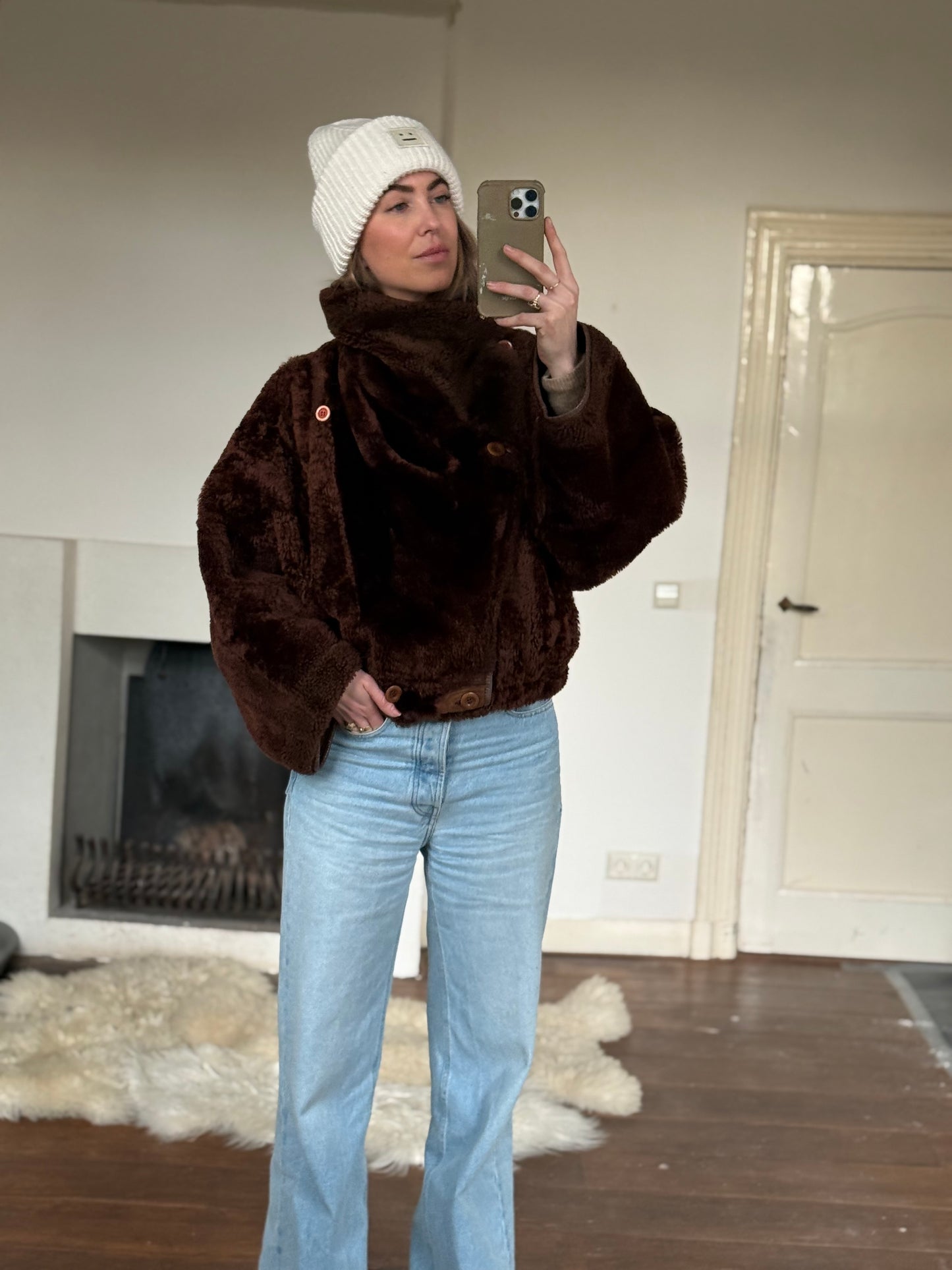Vintage cropped lammy coat remade reversible bruin maat S-XL