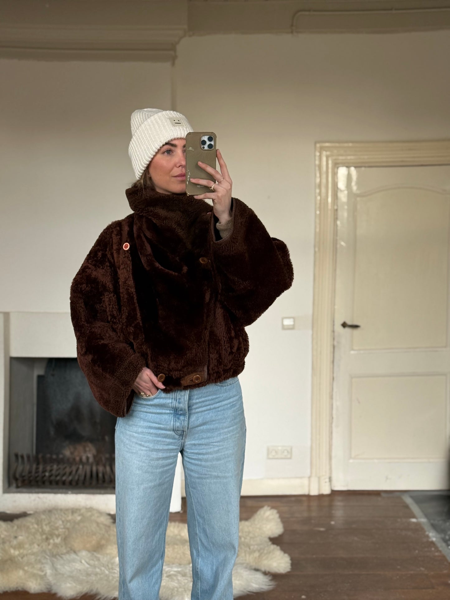 Vintage cropped lammy coat remade reversible bruin maat S-XL