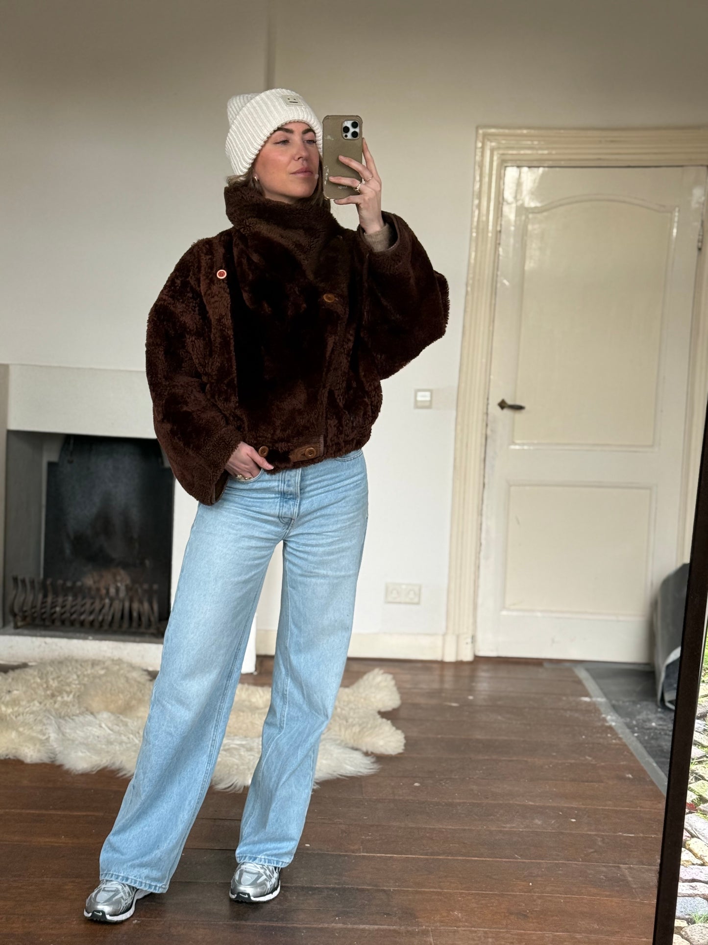 Vintage cropped lammy coat remade reversible bruin maat S-XL