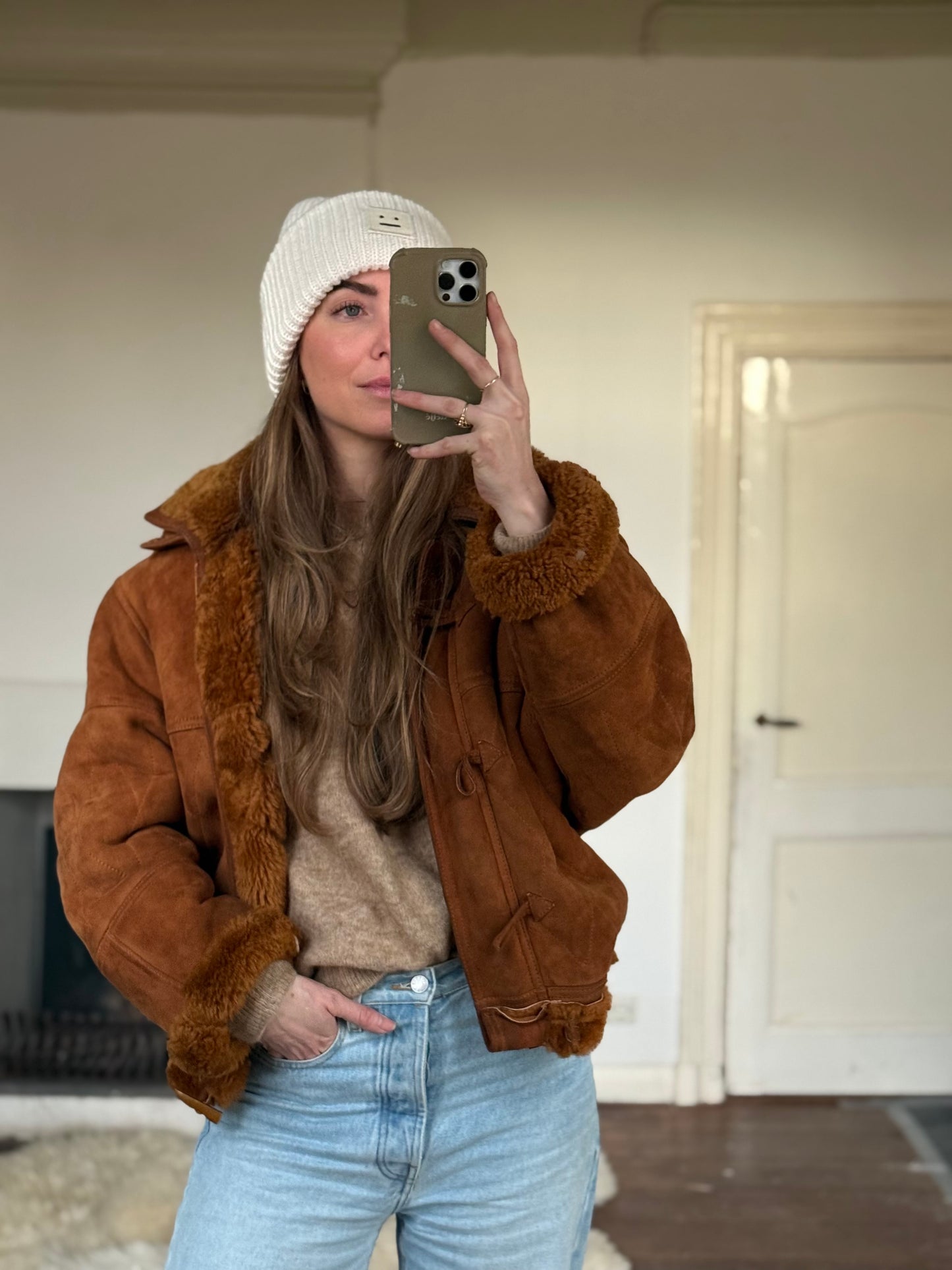 Vintage cropped lammy coat remade bruin Capuchon maat M-XL