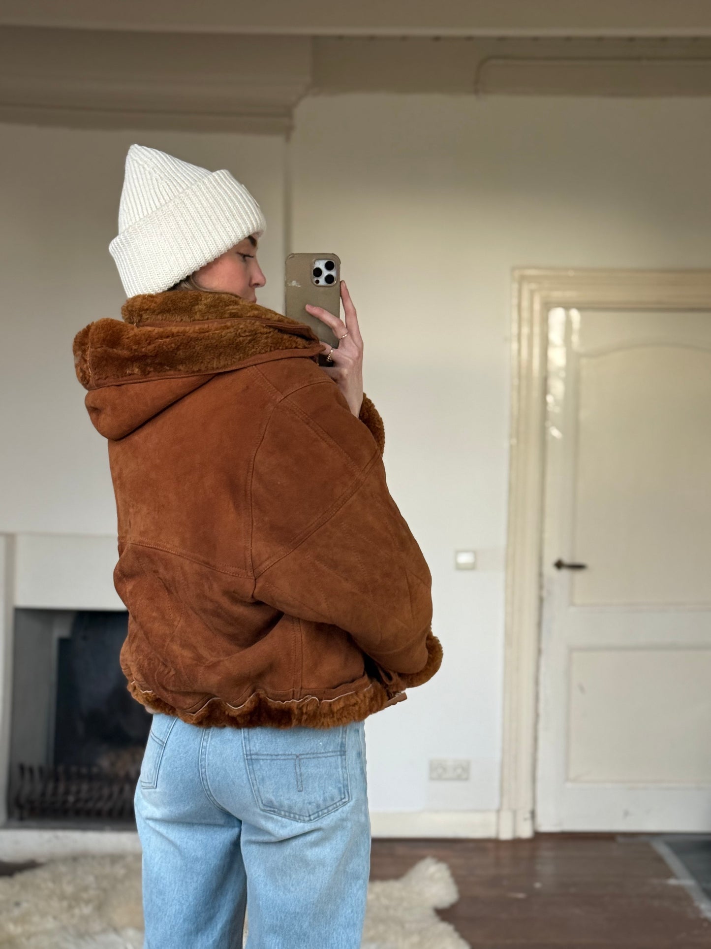 Vintage cropped lammy coat remade bruin Capuchon maat M-XL