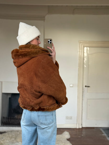 Vintage cropped lammy coat remade bruin Capuchon maat M-XL