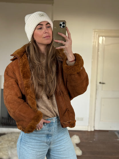 Vintage cropped lammy coat remade bruin Capuchon maat M-XL