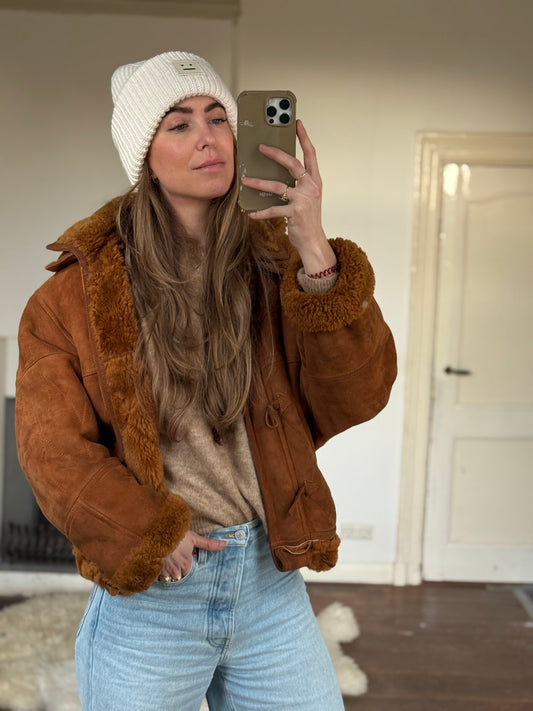 Vintage cropped lammy coat remade bruin Capuchon maat M-XL