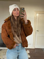 Vintage cropped lammy coat remade bruin Capuchon maat M-XL