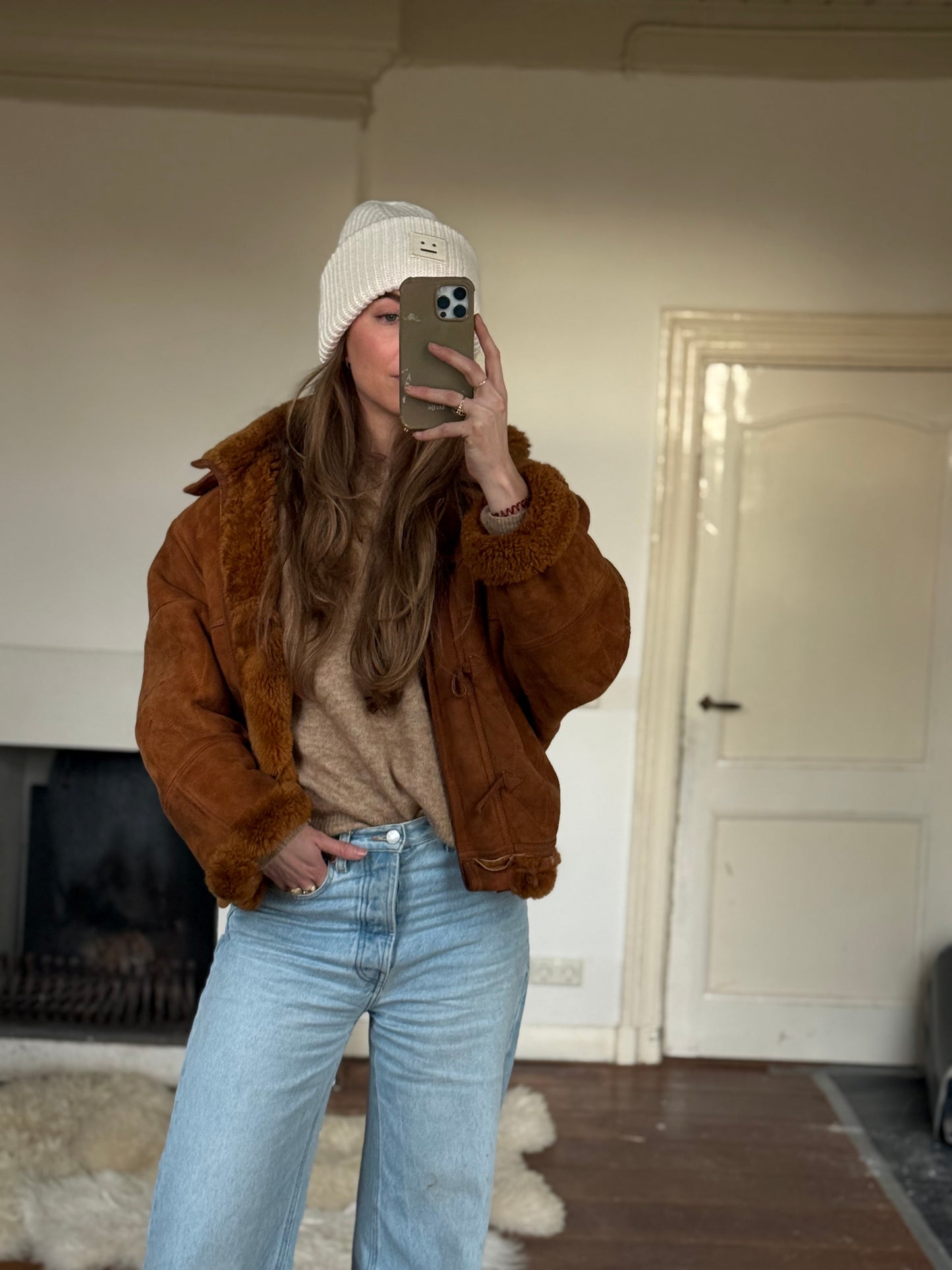 Vintage cropped lammy coat remade bruin Capuchon maat M-XL