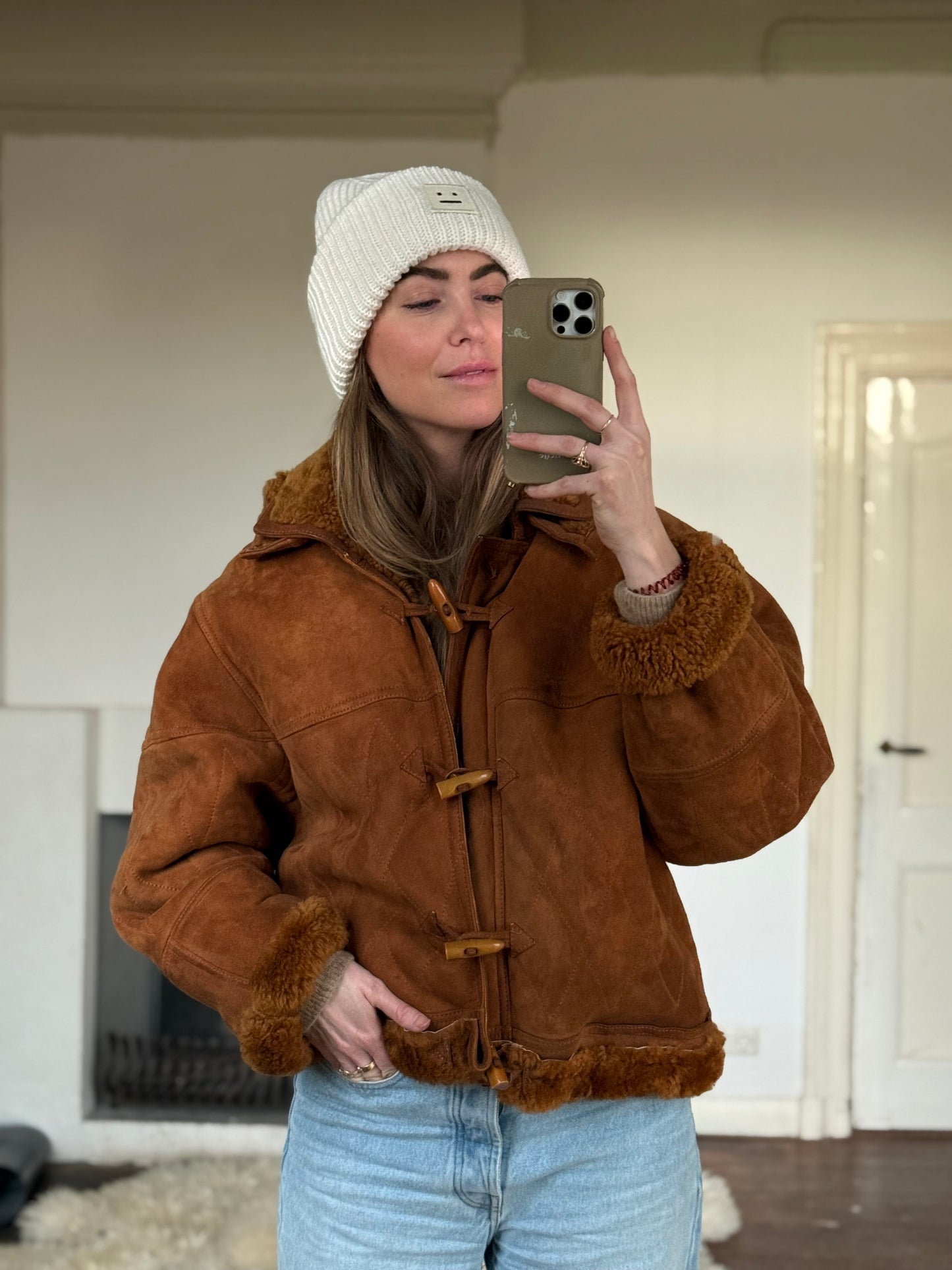 Vintage cropped lammy coat remade bruin Capuchon maat M-XL