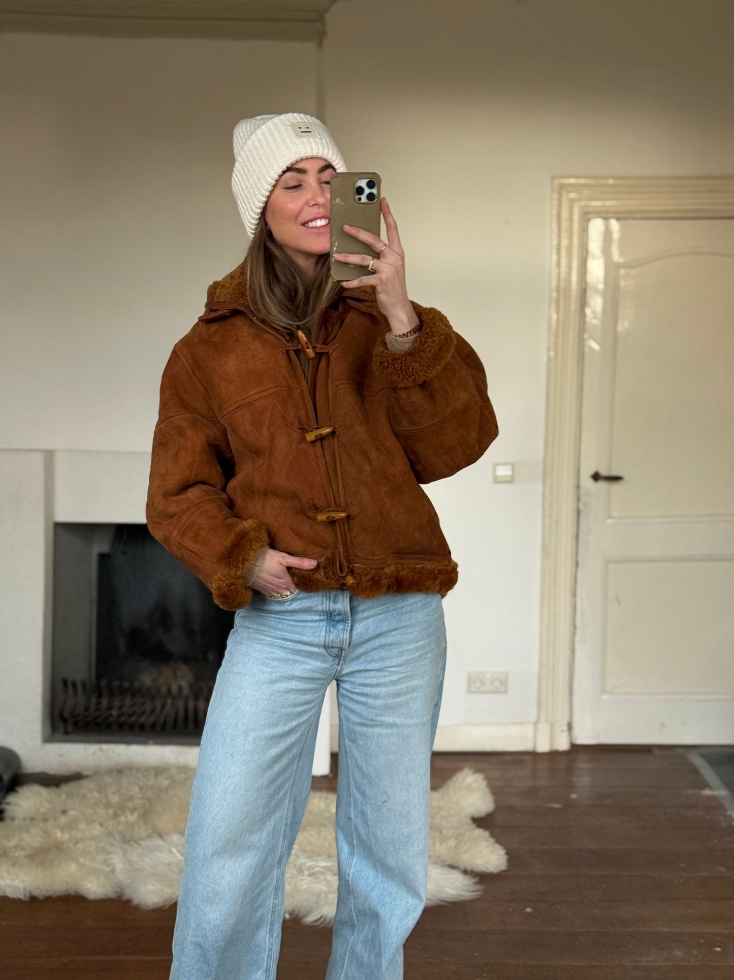 Vintage cropped lammy coat remade bruin Capuchon maat M-XL