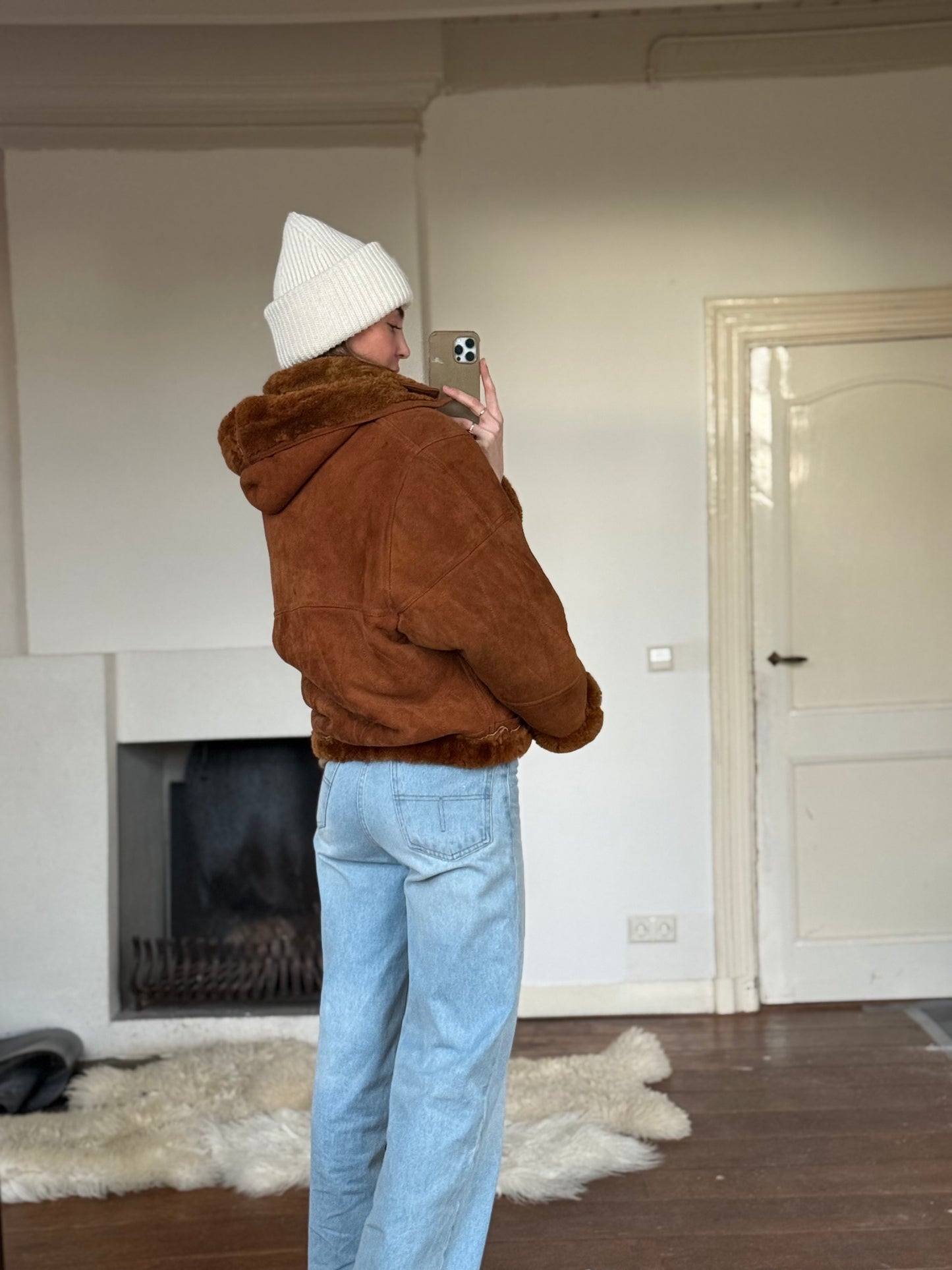 Vintage cropped lammy coat remade bruin Capuchon maat M-XL