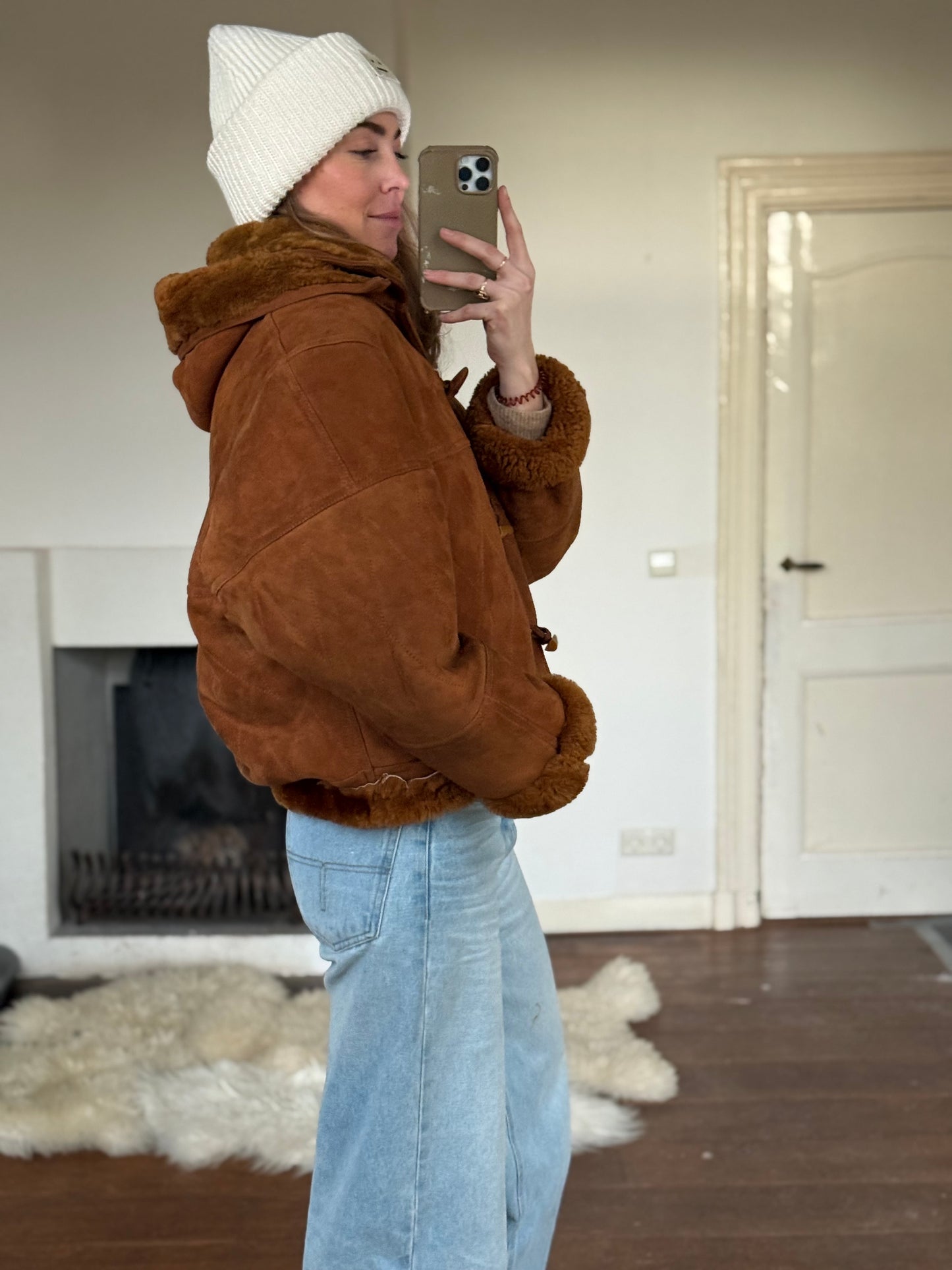 Vintage cropped lammy coat remade bruin Capuchon maat M-XL