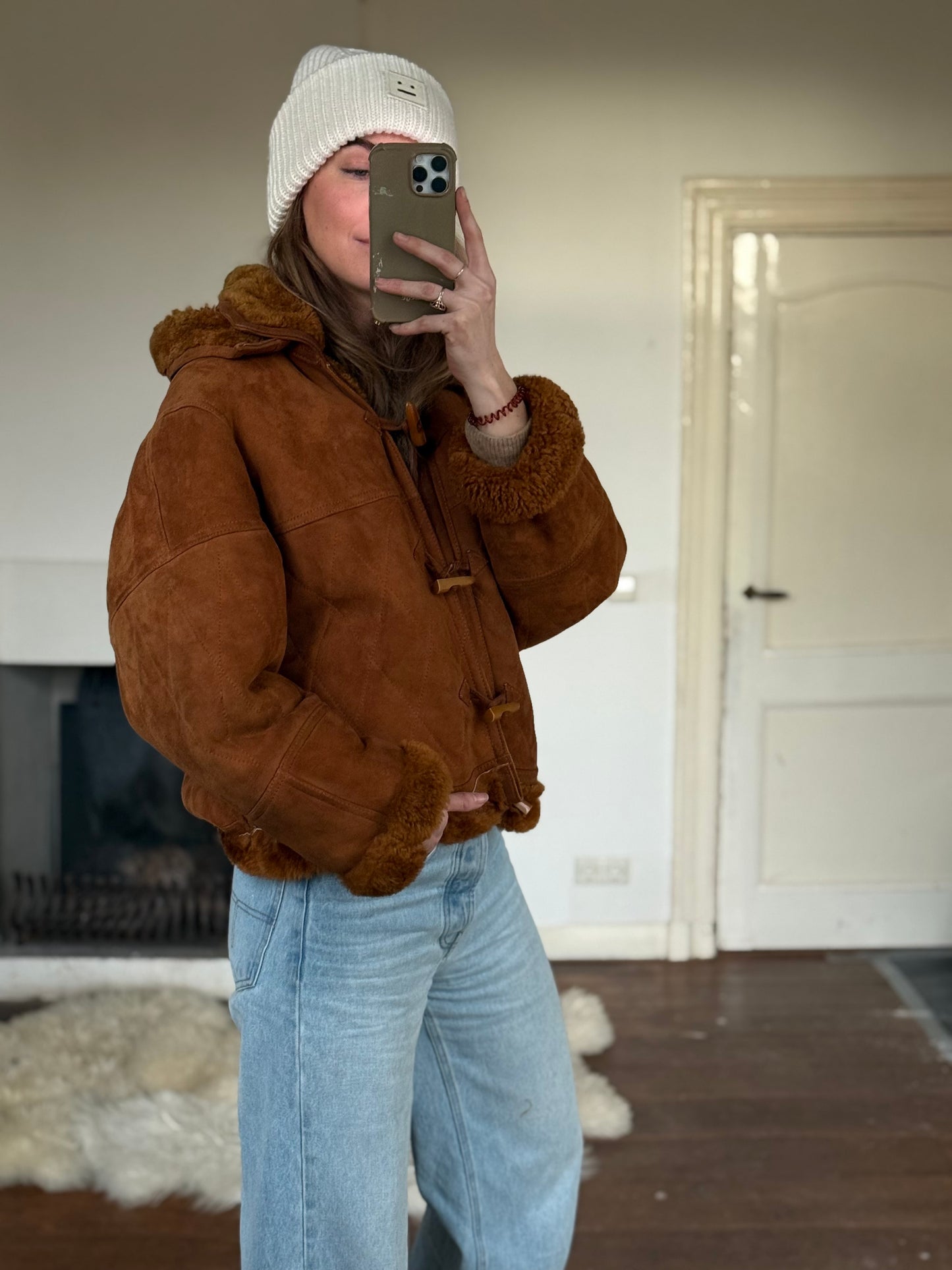 Vintage cropped lammy coat remade bruin Capuchon maat M-XL