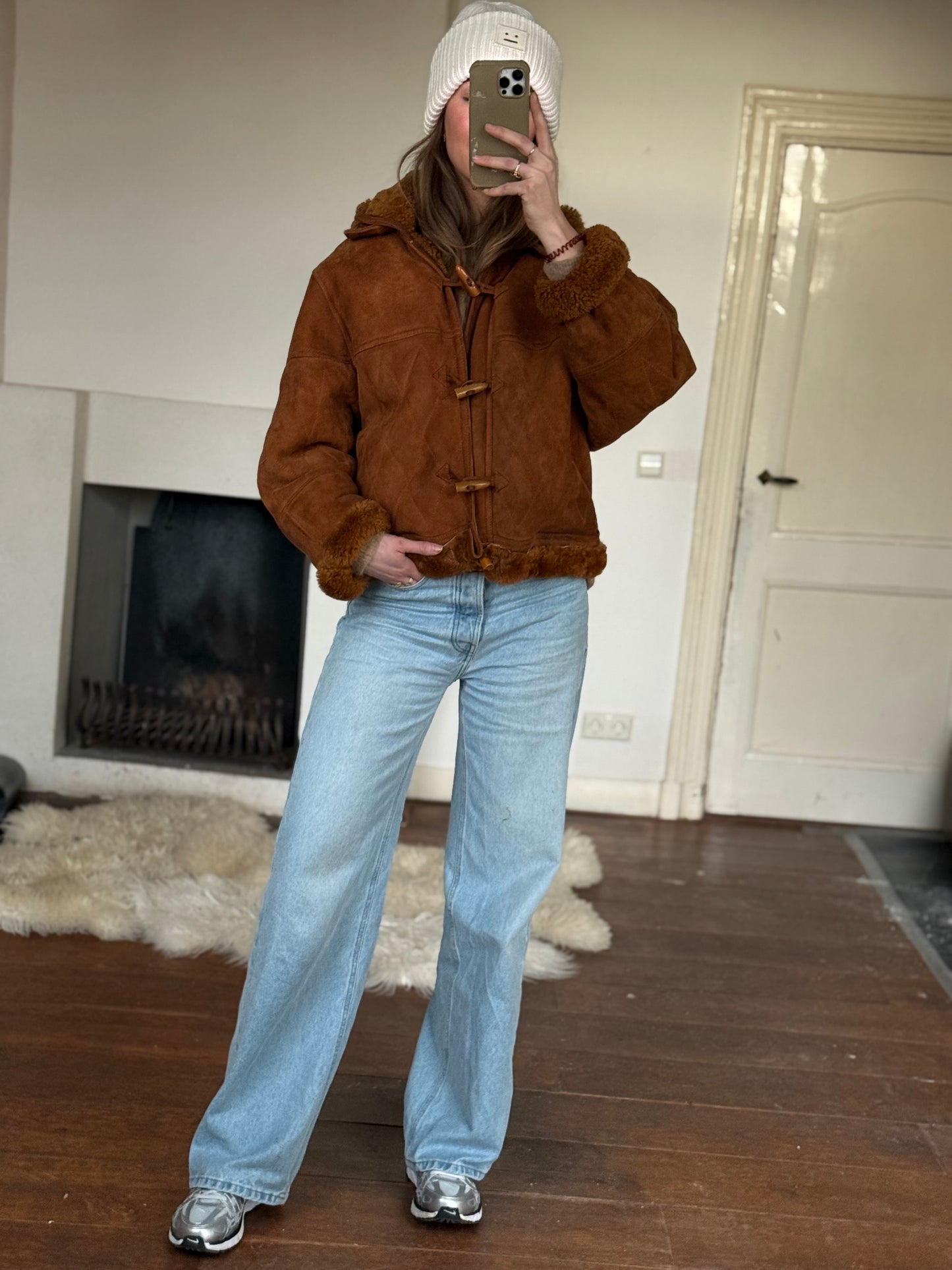 Vintage cropped lammy coat remade bruin Capuchon maat M-XL
