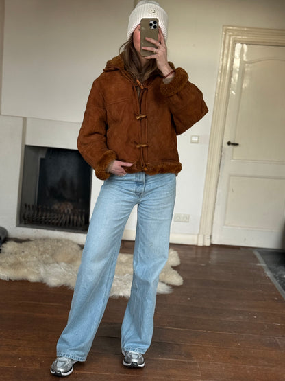 Vintage cropped lammy coat remade bruin Capuchon maat M-XL
