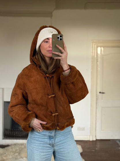 Vintage cropped lammy coat remade bruin Capuchon maat M-XL