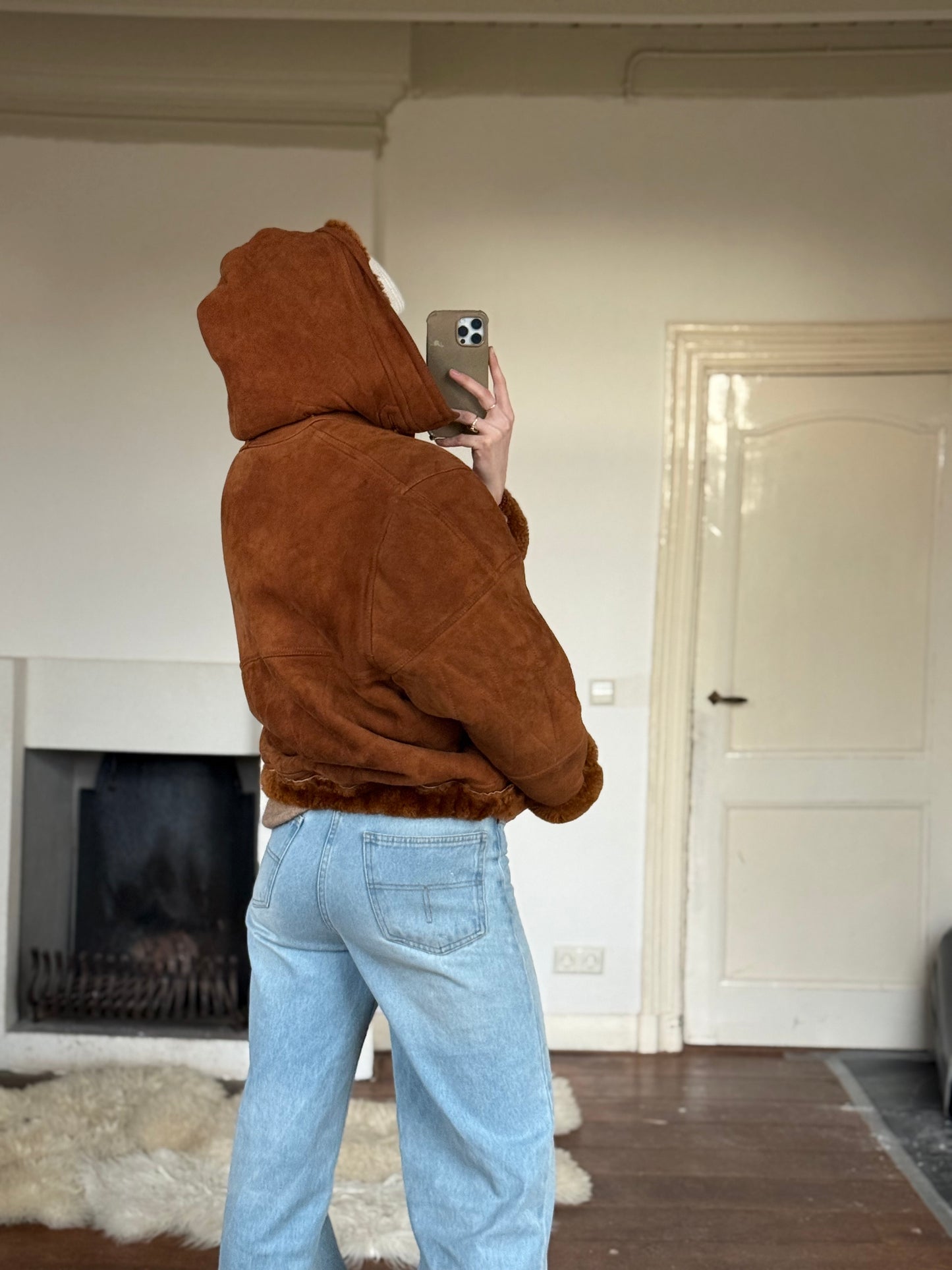 Vintage cropped lammy coat remade bruin Capuchon maat M-XL