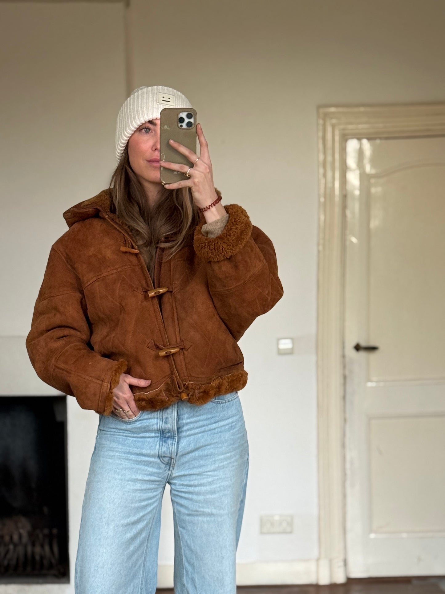 Vintage cropped lammy coat remade bruin Capuchon maat M-XL