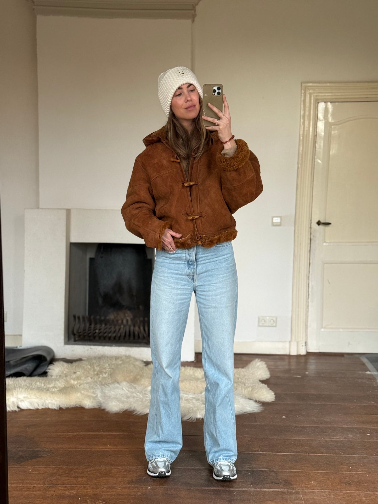 Vintage cropped lammy coat remade bruin Capuchon maat M-XL