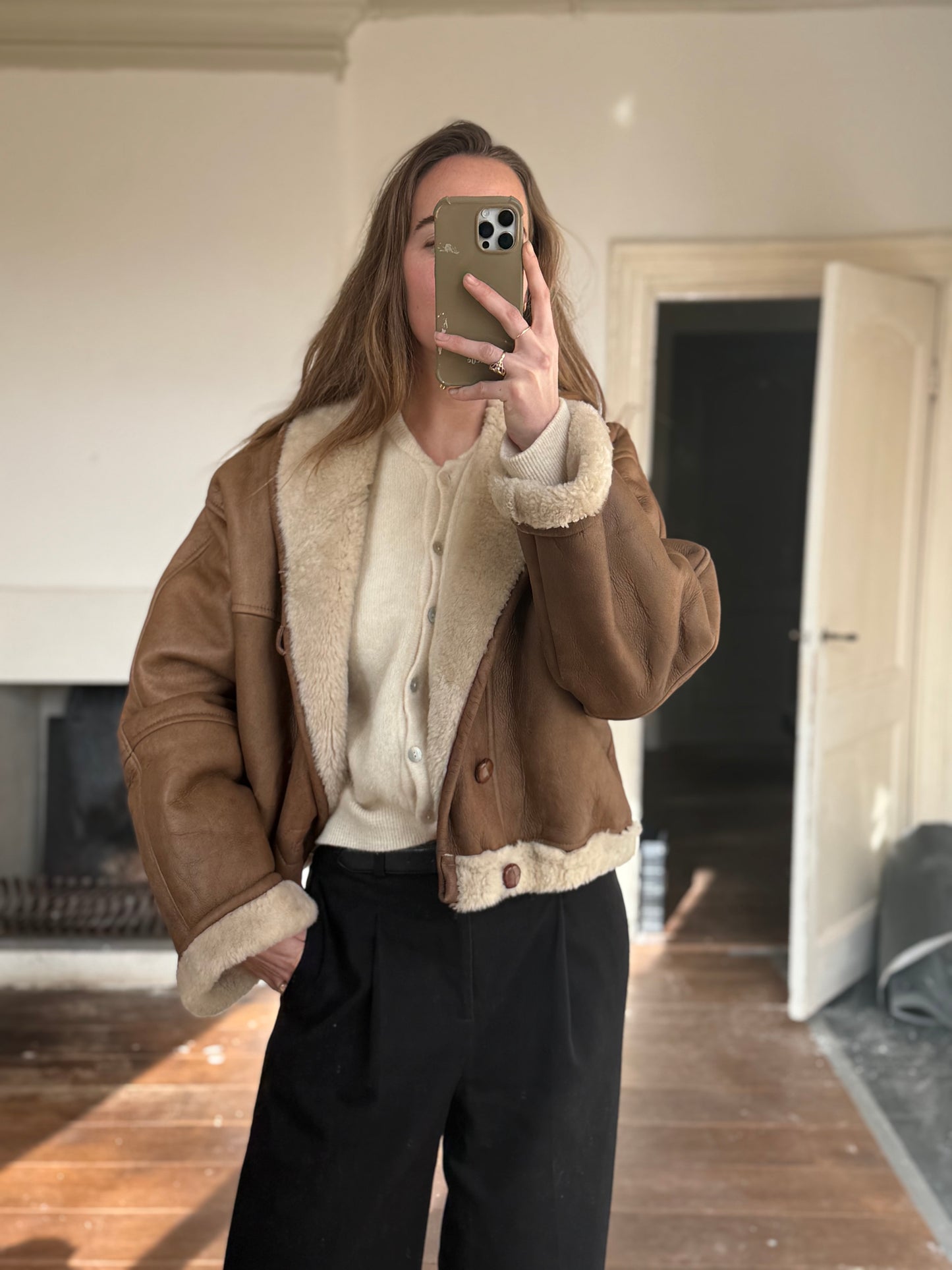 Vintage cropped lammy coat remade reversible bruin maat M-XL