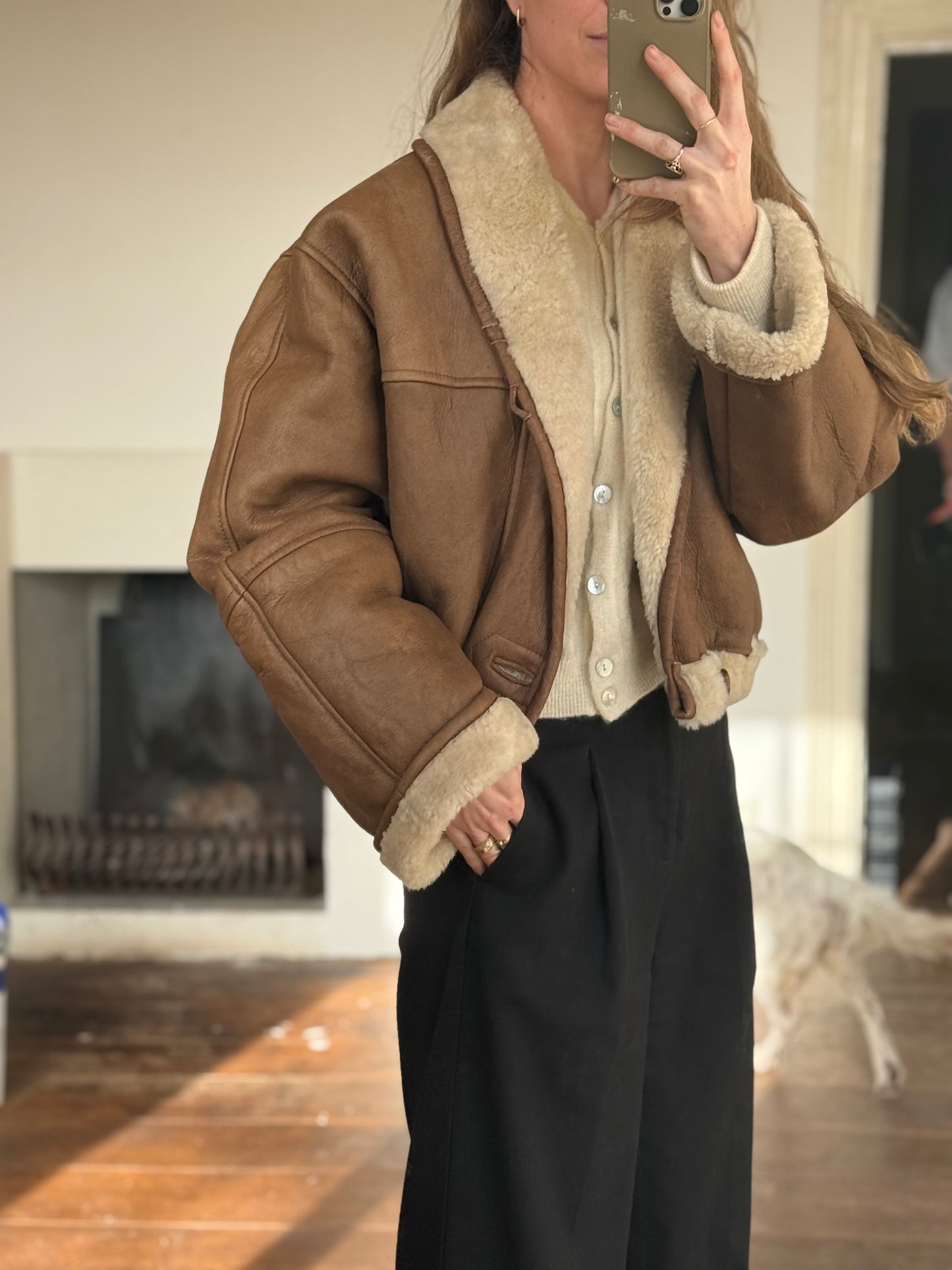 Vintage cropped lammy coat remade reversible bruin maat M-XL